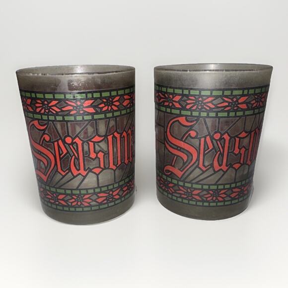 2 VINTAGE Christmas 70s Houze “Seasons Greetings” Faux Stained Glass Look - Picture 1 of 4